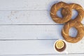 Turkish bagels with tea of Ã¢â¬â¹Ã¢â¬â¹cup on wooden blue background.